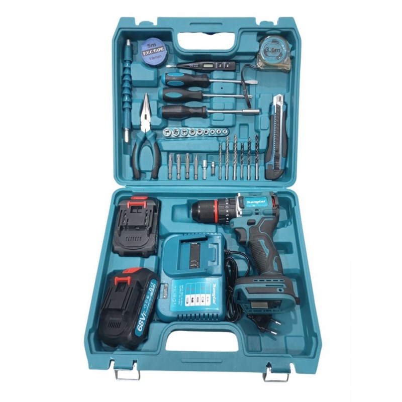 Πλήρες σετ δραπανοκατσάβιδου Mengtai με 2 μπαταρίες λιθίου, φορτιστή και βαλίτσα.