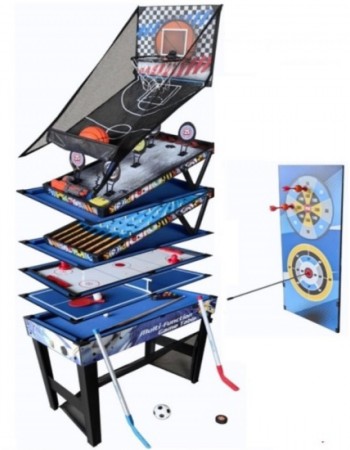 Ξύλινο τραπέζι παιχνιδιών 10-σε-1 με αξεσουάρ, που δείχνει τα παιχνίδια μπιλιάρδου και ποδοσφαίρου, κατάλληλο για παιδιά