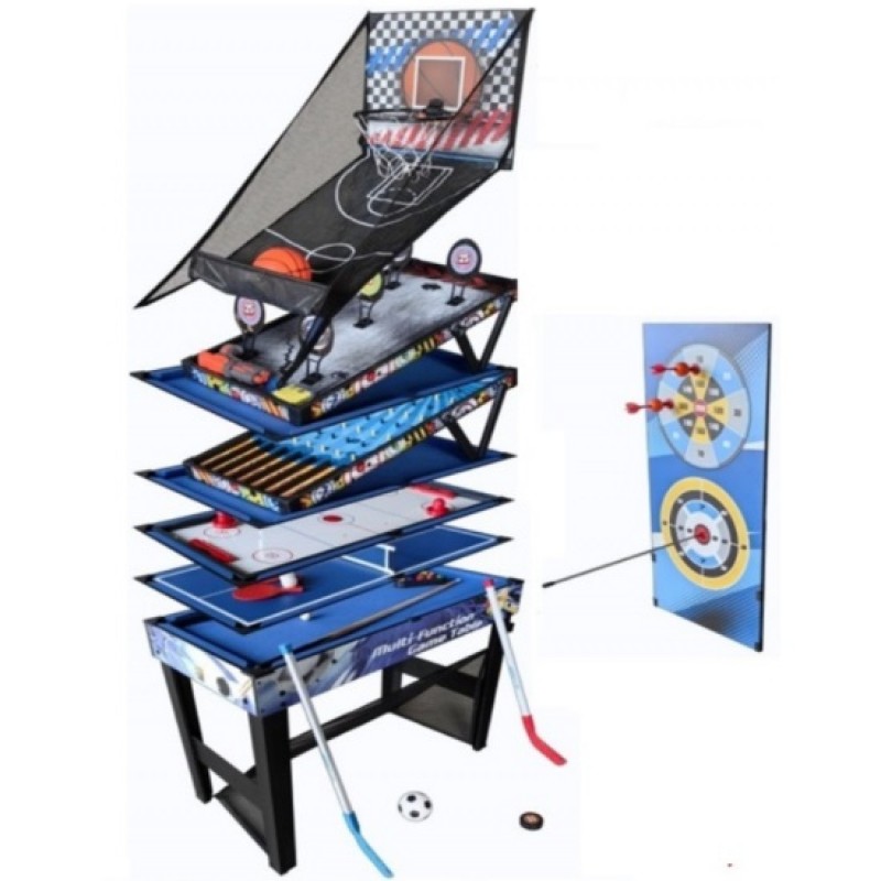 Ξύλινο τραπέζι παιχνιδιών 10-σε-1 με αξεσουάρ, που δείχνει τα παιχνίδια μπιλιάρδου και ποδοσφαίρου, κατάλληλο για παιδιά