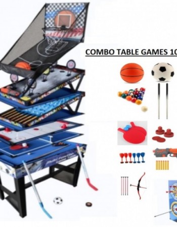 Ξύλινο τραπέζι παιχνιδιών 10-σε-1 με αξεσουάρ, που δείχνει τα παιχνίδια μπιλιάρδου και ποδοσφαίρου, κατάλληλο για παιδιά