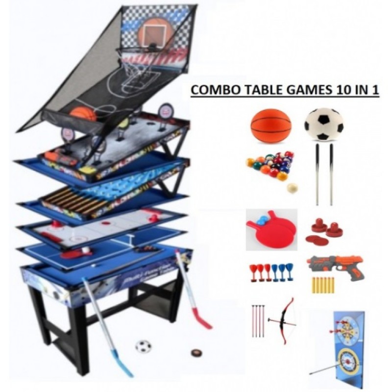 Ξύλινο τραπέζι παιχνιδιών 10-σε-1 με αξεσουάρ, που δείχνει τα παιχνίδια μπιλιάρδου και ποδοσφαίρου, κατάλληλο για παιδιά