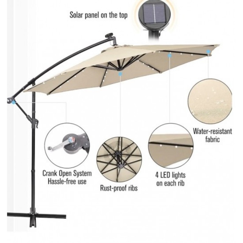 Επαγγελματική Κρεμαστή Τηλεσκοπική Ομπρέλα 3m με περιστρεφόμενη βάση, μπεζ χρώμα